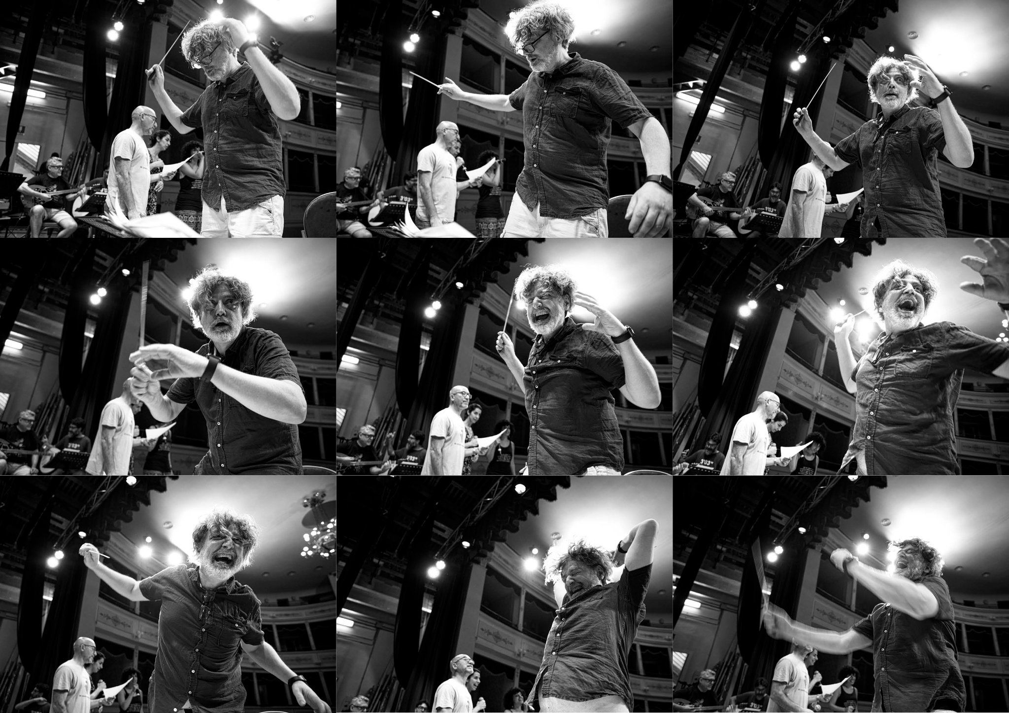 Enrico Fink dirige l’Orchestra Multietnica di Arezzo in una sequenza di nove fotografie